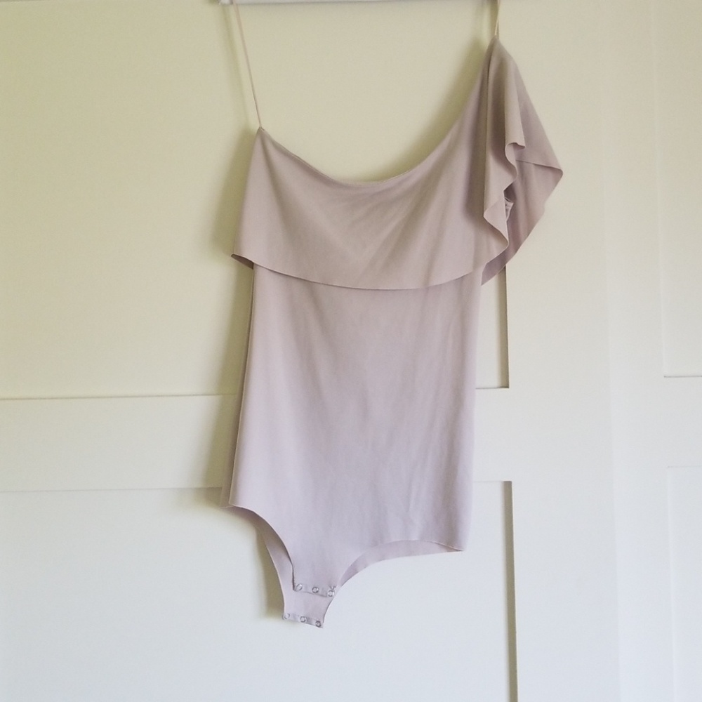 One shoulder, light lavender bodysuit